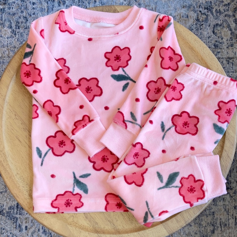 #78. Carter’s - Velour- Pink Floral Kids Pajama Set - Soft Cozy Sleepwear